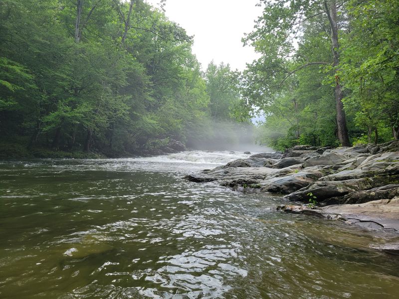 Misty Smoky Mountain river at sunrise